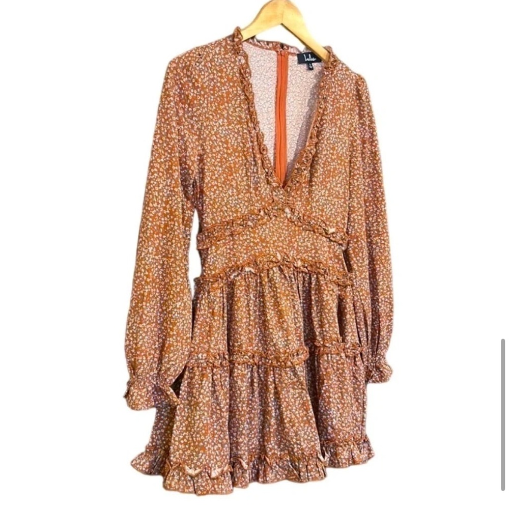 Lulus Women’s Admire You Rust Brown Print Floral Long Sleeve Ruffle Mini Dress S